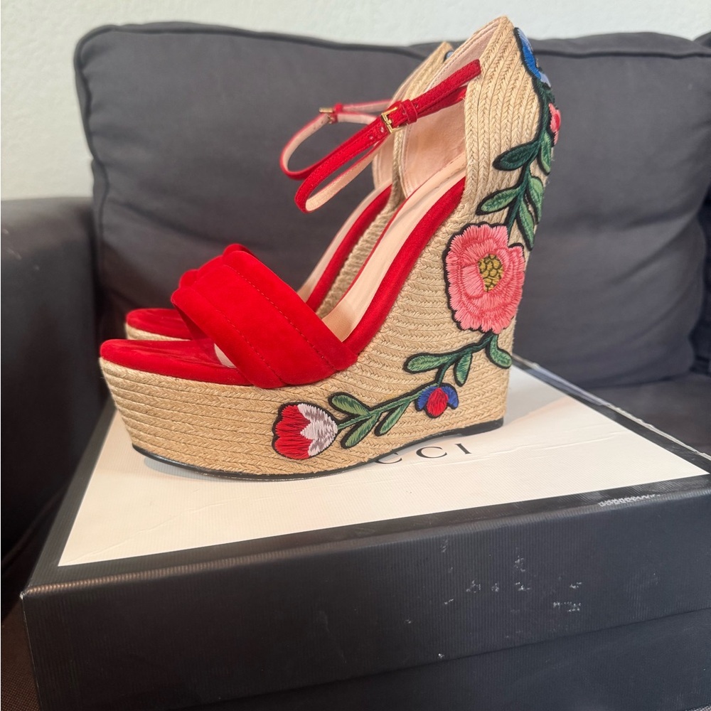 Gucci Red Suede Embroidered Espadrille Wedges